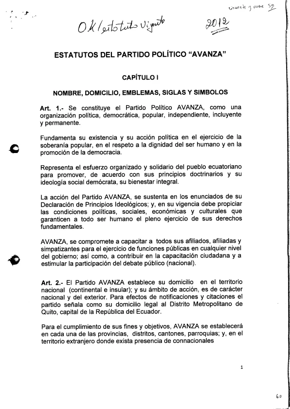 Portada del estatuto histórico de AVANZA de 2012